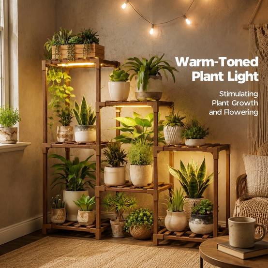 Étagère à plantes d'intérieur bois moderne 6 niveaux avec lampe LED salon balcon croissance végétale - Image 2