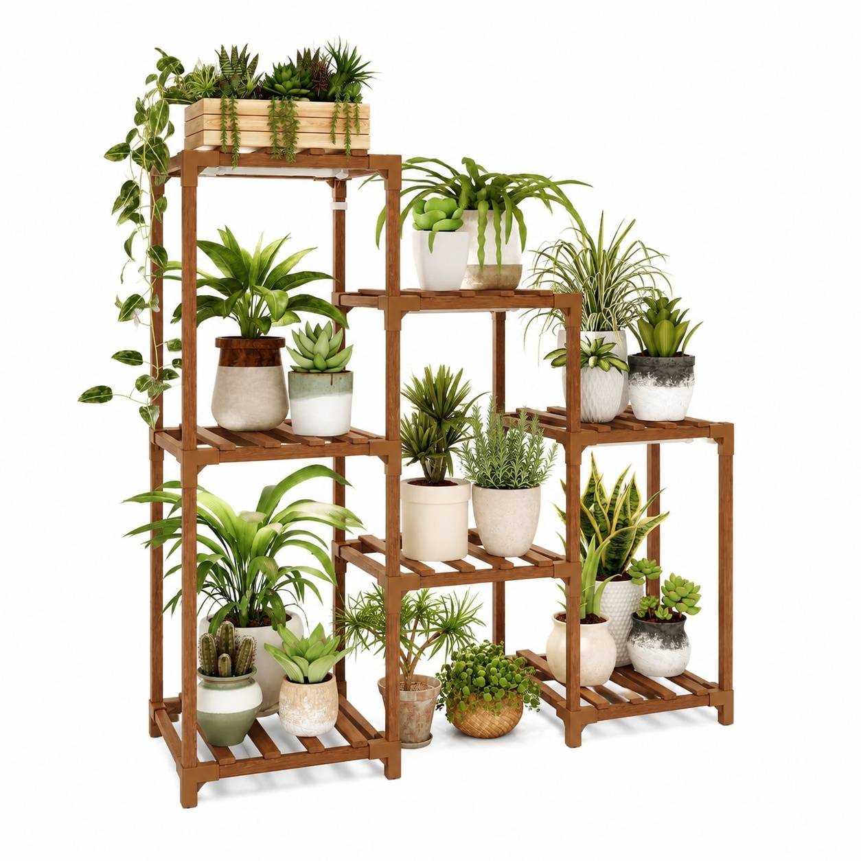 Étagère à plantes d'intérieur bois moderne 6 niveaux avec lampe LED salon balcon croissance végétale - Image 1