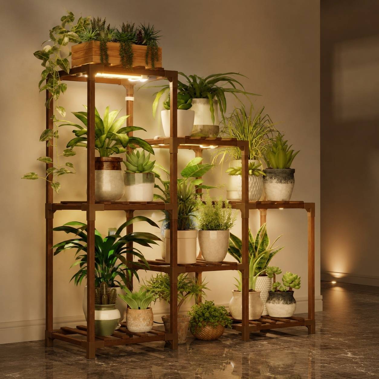 Étagère à plantes d'intérieur bois moderne 6 niveaux avec lampe LED salon balcon croissance végétale - Image 6