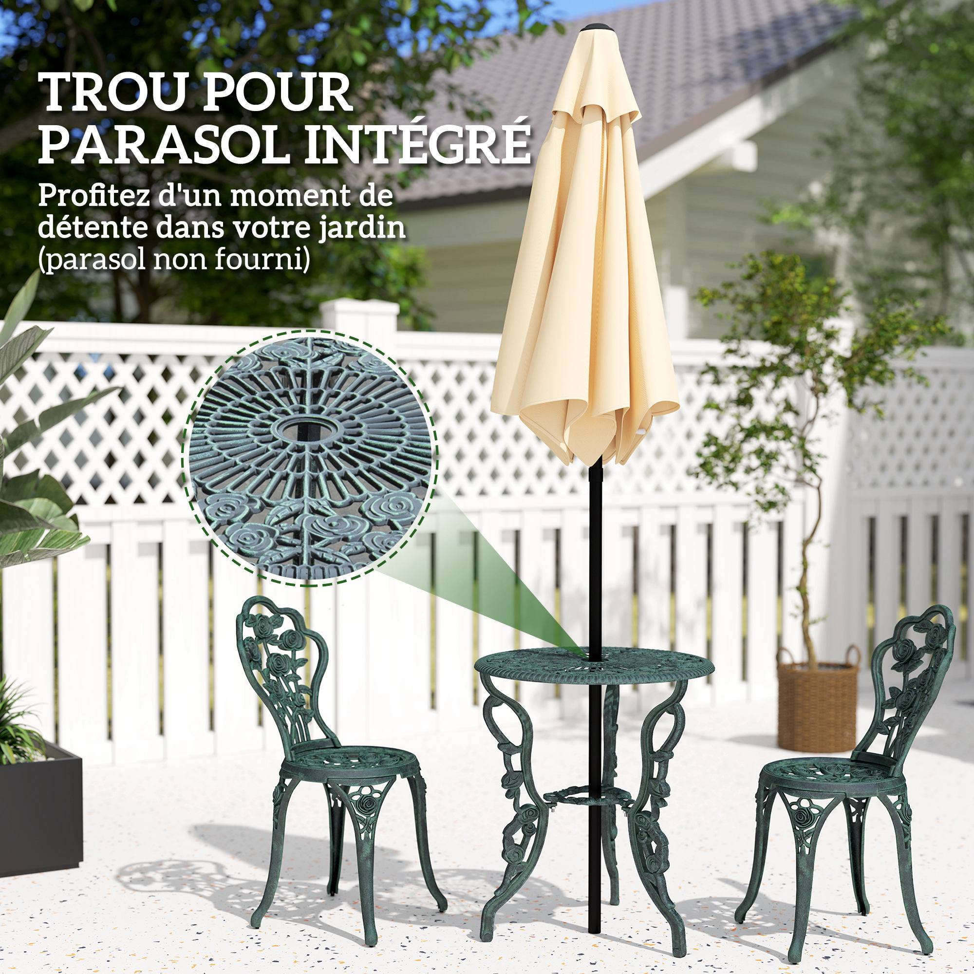 Ensemble Salon de Jardin 2 Places 2 chaises + Table Ronde Style néo-rétro Motif Rose Lignes fuselées Fonte d'aluminium Vert Vieilli - Image 6