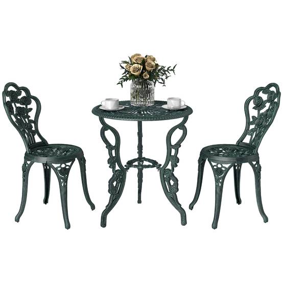 Ensemble Salon de Jardin 2 Places 2 chaises + Table Ronde Style néo-rétro Motif Rose Lignes fuselées Fonte d'aluminium Vert Vieilli - Image 2