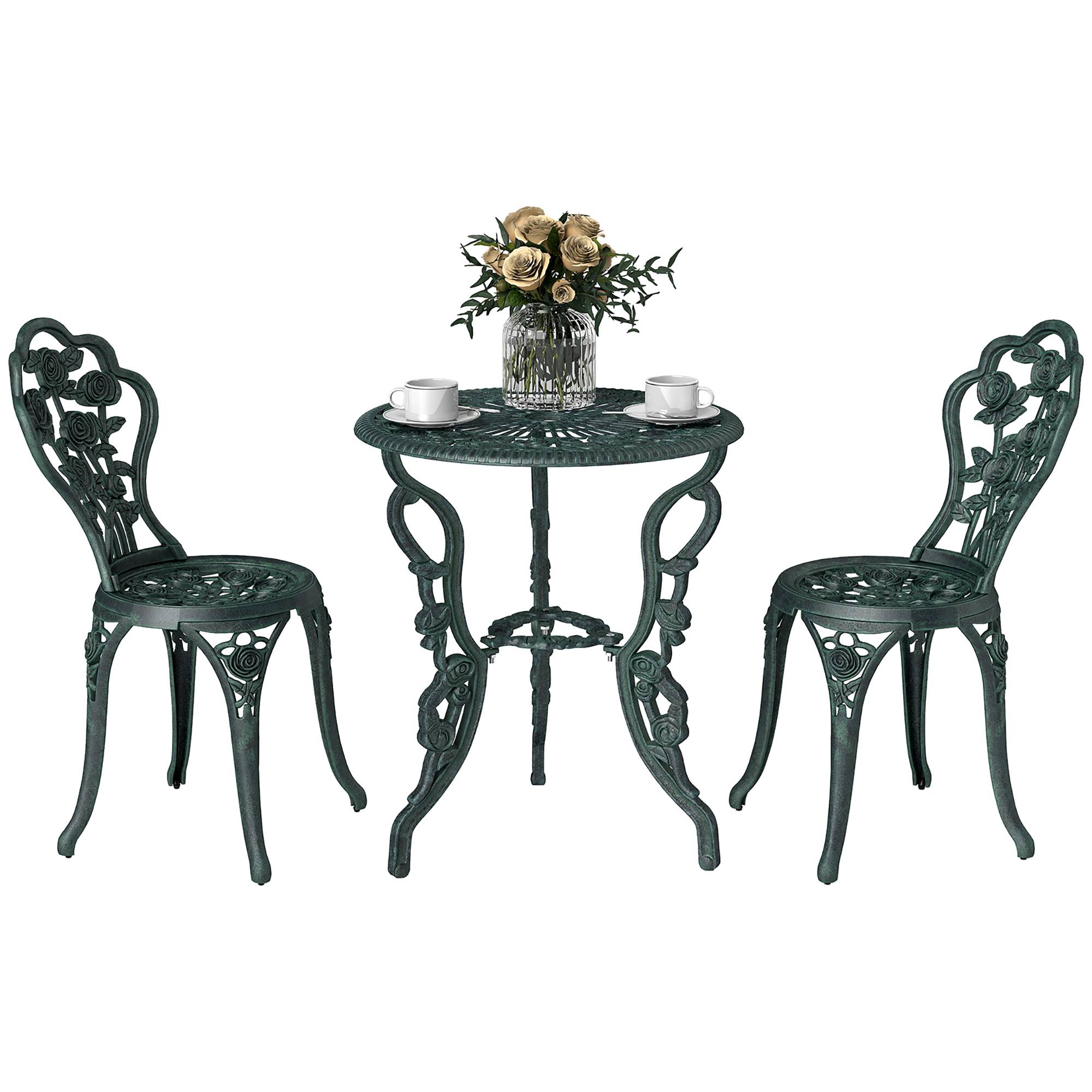 Ensemble Salon de Jardin 2 Places 2 chaises + Table Ronde Style néo-rétro Motif Rose Lignes fuselées Fonte d'aluminium Vert Vieilli - Image 2