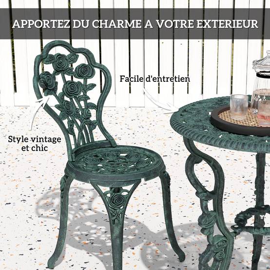 Ensemble Salon de Jardin 2 Places 2 chaises + Table Ronde Style néo-rétro Motif Rose Lignes fuselées Fonte d'aluminium Vert Vieilli - Image 7