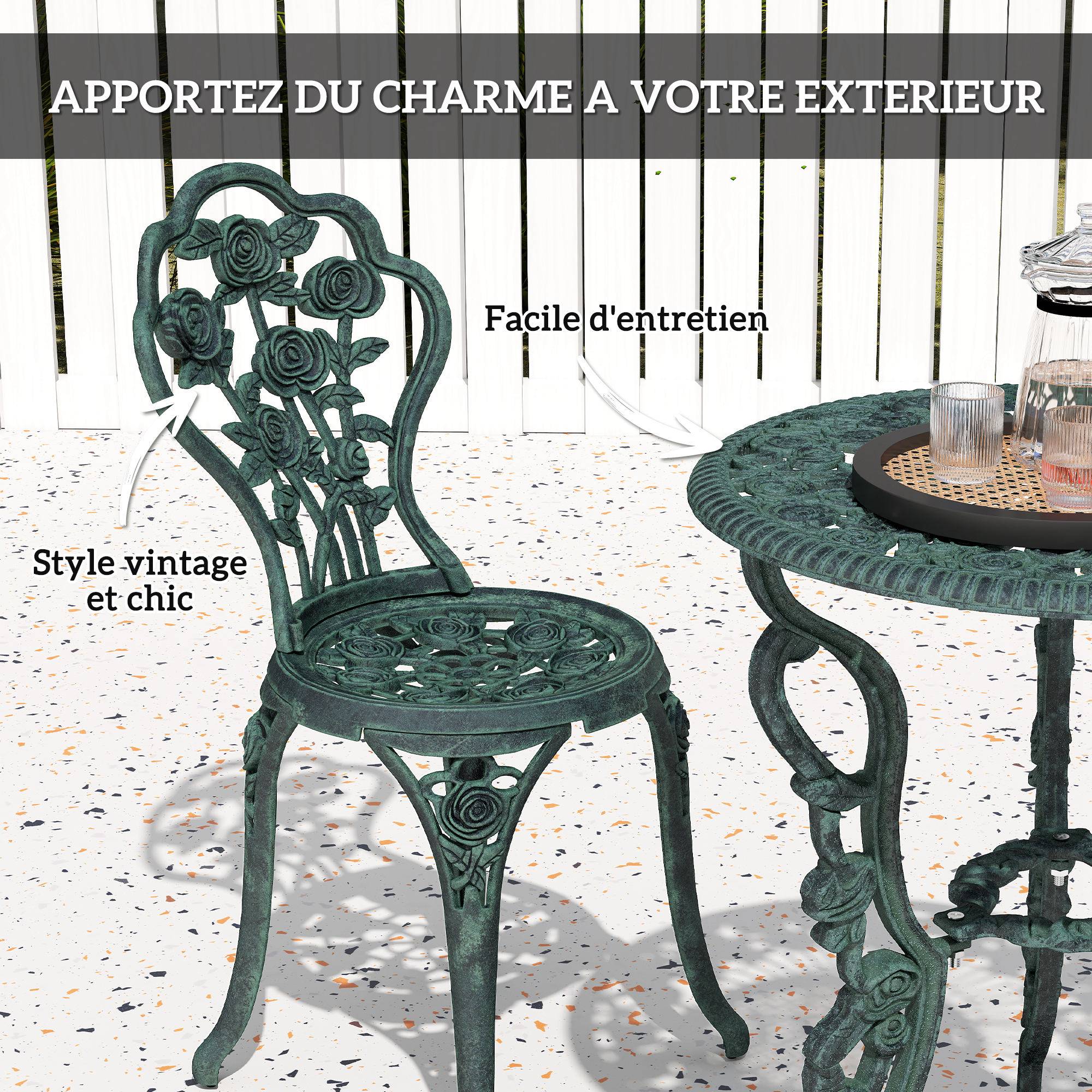 Ensemble Salon de Jardin 2 Places 2 chaises + Table Ronde Style néo-rétro Motif Rose Lignes fuselées Fonte d'aluminium Vert Vieilli - Image 7