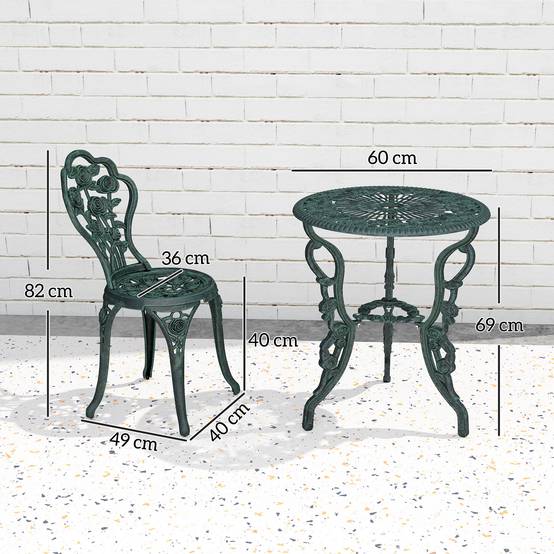 Ensemble Salon de Jardin 2 Places 2 chaises + Table Ronde Style néo-rétro Motif Rose Lignes fuselées Fonte d'aluminium Vert Vieilli - Image 5