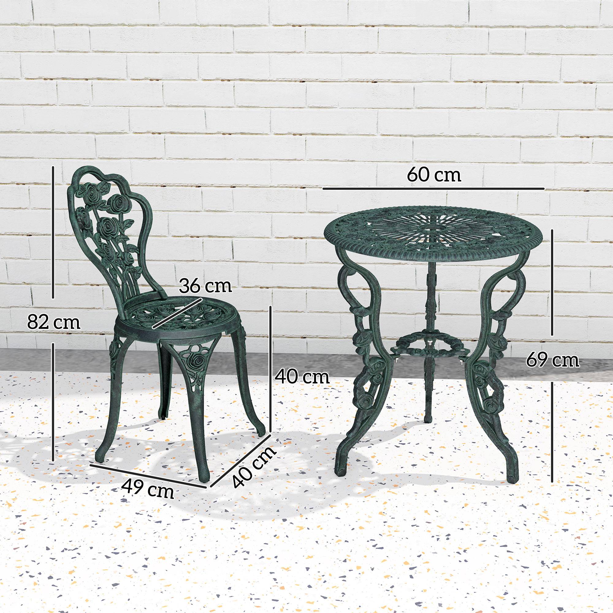 Ensemble Salon de Jardin 2 Places 2 chaises + Table Ronde Style néo-rétro Motif Rose Lignes fuselées Fonte d'aluminium Vert Vieilli - Image 5