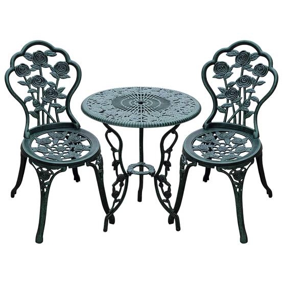 Ensemble Salon de Jardin 2 Places 2 chaises + Table Ronde Style néo-rétro Motif Rose Lignes fuselées Fonte d'aluminium Vert Vieilli - Image 1