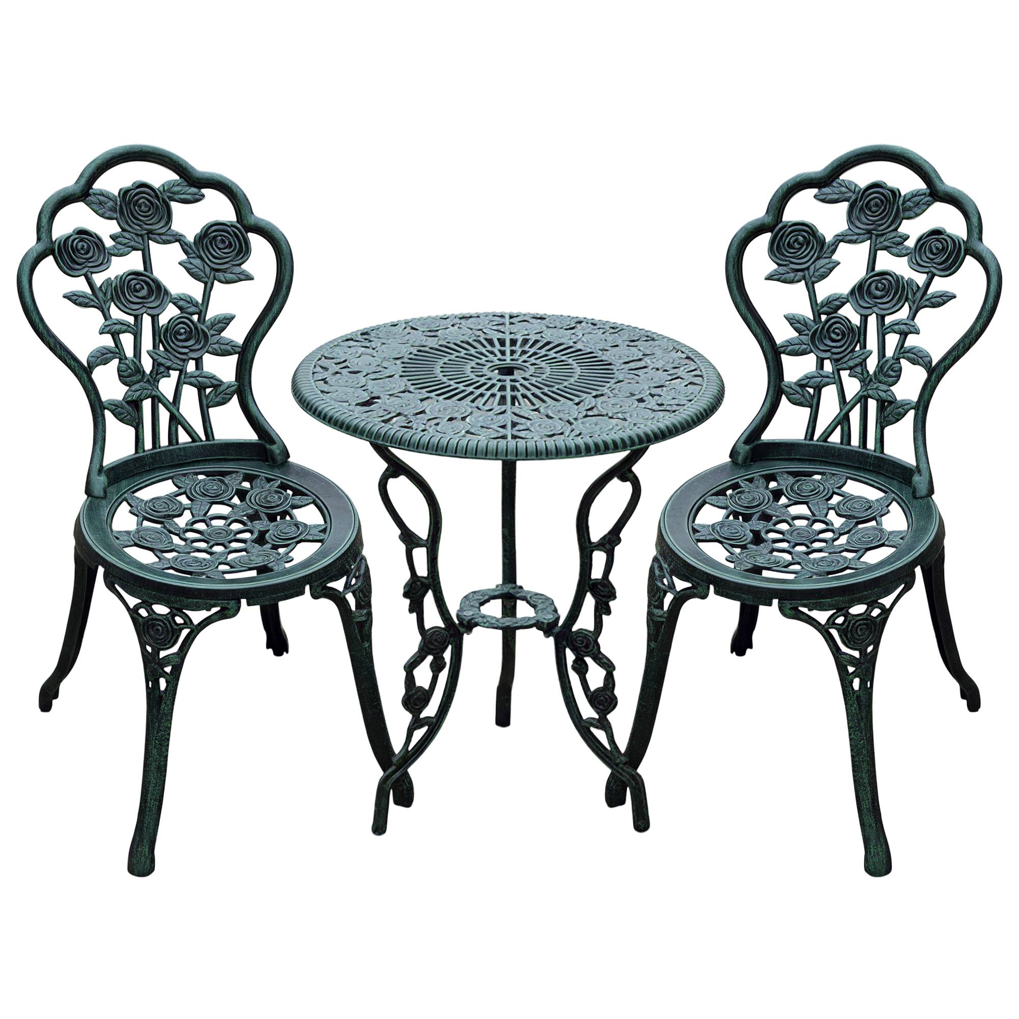 Ensemble Salon de Jardin 2 Places 2 chaises + Table Ronde Style néo-rétro Motif Rose Lignes fuselées Fonte d'aluminium Vert Vieilli - Image 1