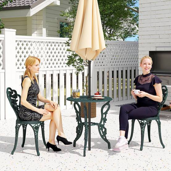 Ensemble Salon de Jardin 2 Places 2 chaises + Table Ronde Style néo-rétro Motif Rose Lignes fuselées Fonte d'aluminium Vert Vieilli - Image 3
