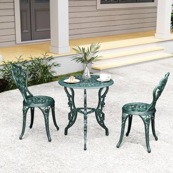 Ensemble Salon de Jardin 2 Places 2 chaises + Table Ronde Style néo-rétro Motif Rose Lignes fuselées Fonte d'aluminium Vert Vieilli - Image 10