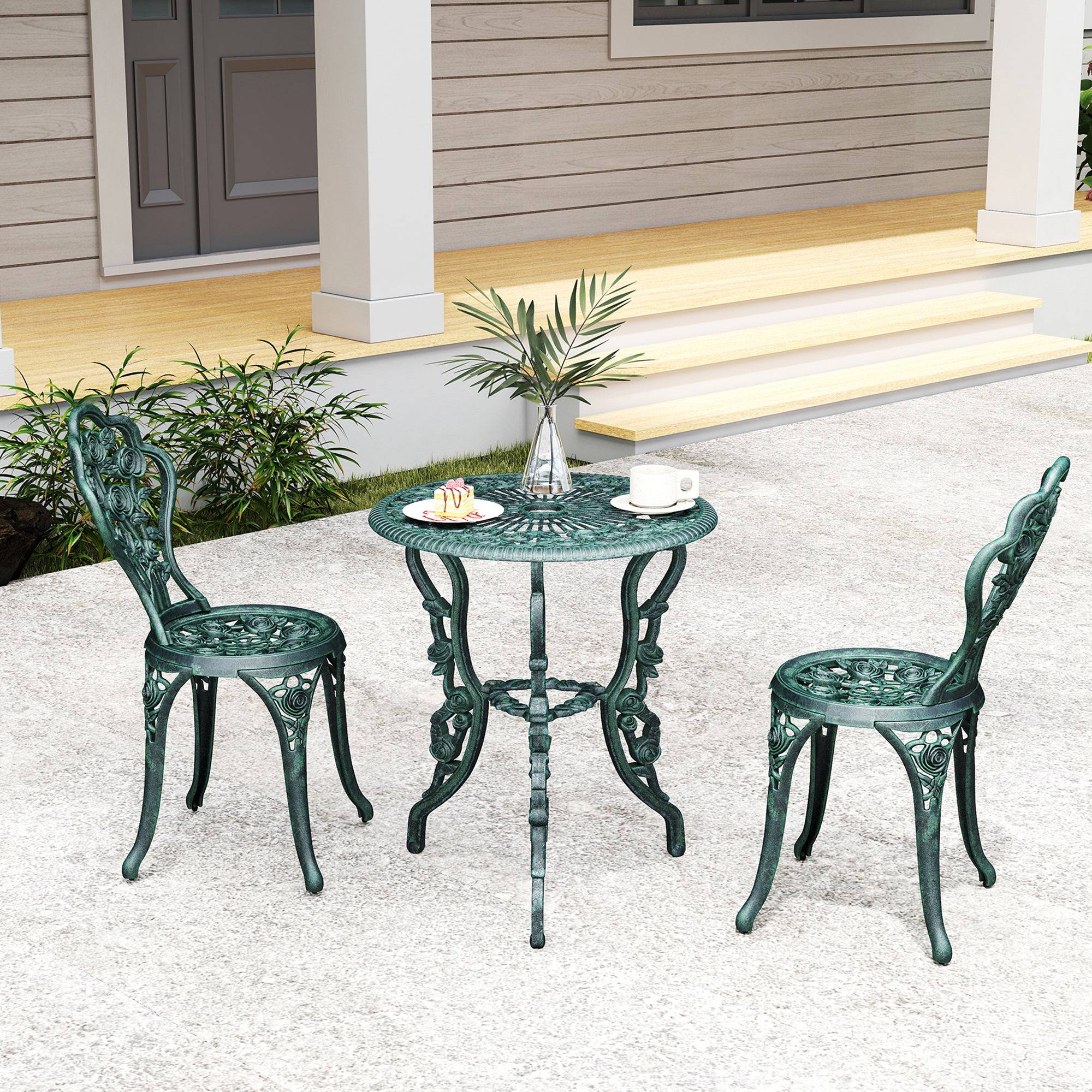 Ensemble Salon de Jardin 2 Places 2 chaises + Table Ronde Style néo-rétro Motif Rose Lignes fuselées Fonte d'aluminium Vert Vieilli - Image 10