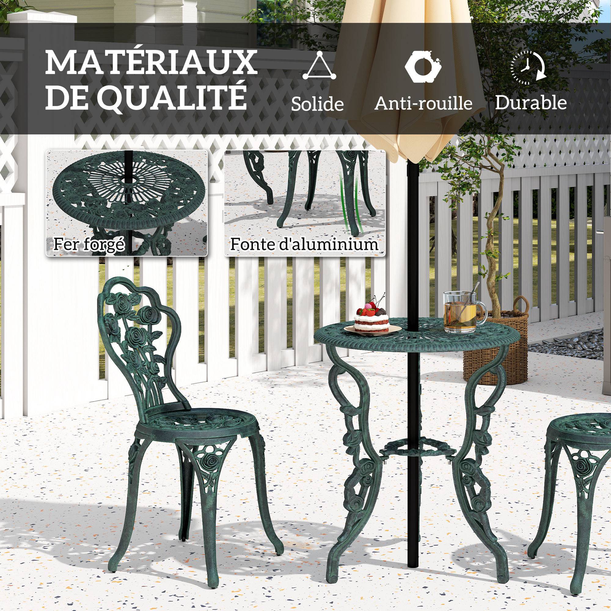 Ensemble Salon de Jardin 2 Places 2 chaises + Table Ronde Style néo-rétro Motif Rose Lignes fuselées Fonte d'aluminium Vert Vieilli - Image 8