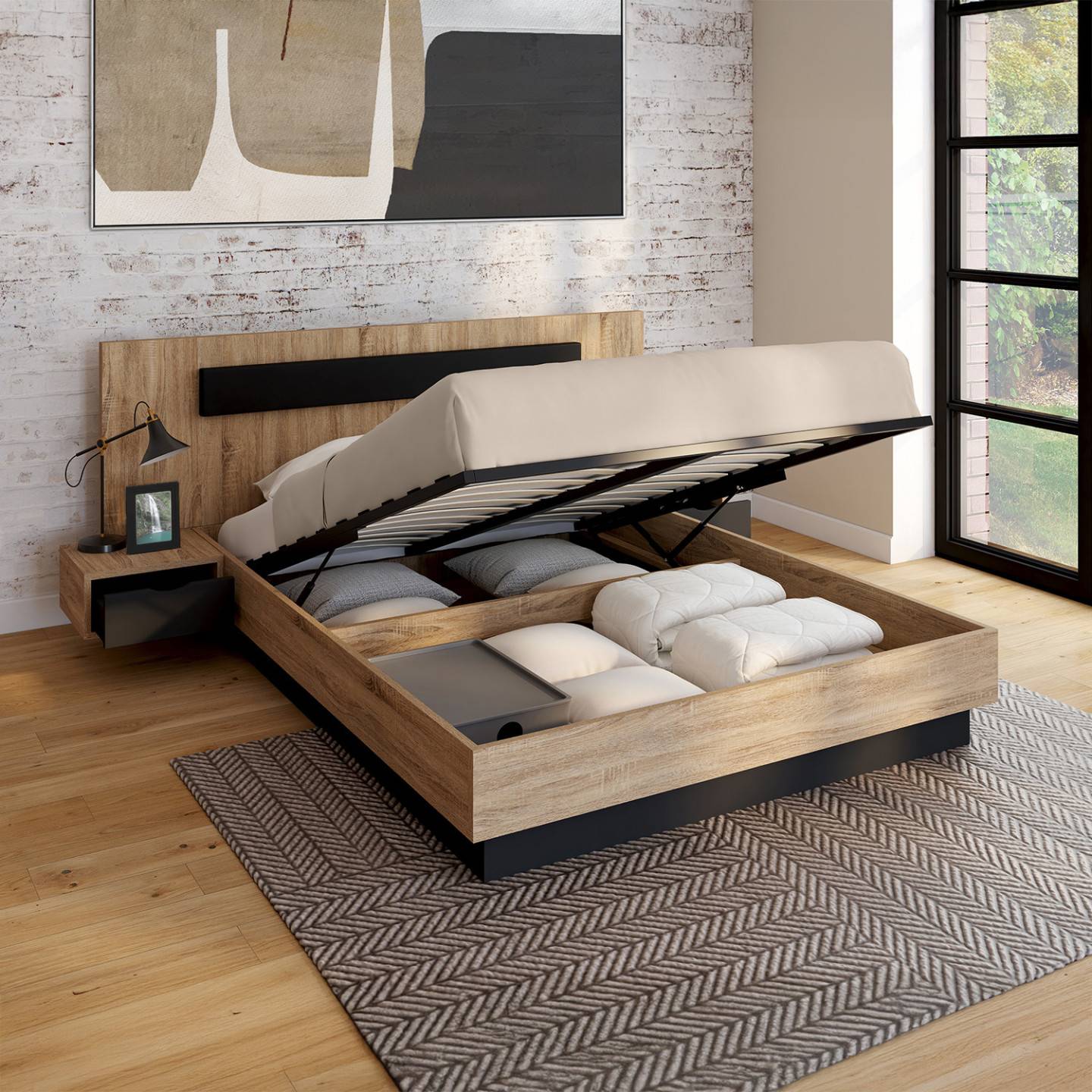 Lit coffre double SANTA avec tête de lit + tables de chevets intégrées et sommier 140 x 190 cm bois et noir - Image 1