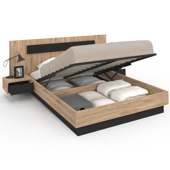 Lit coffre double SANTA avec tête de lit + tables de chevets intégrées et sommier 140 x 190 cm bois et noir - Image 2