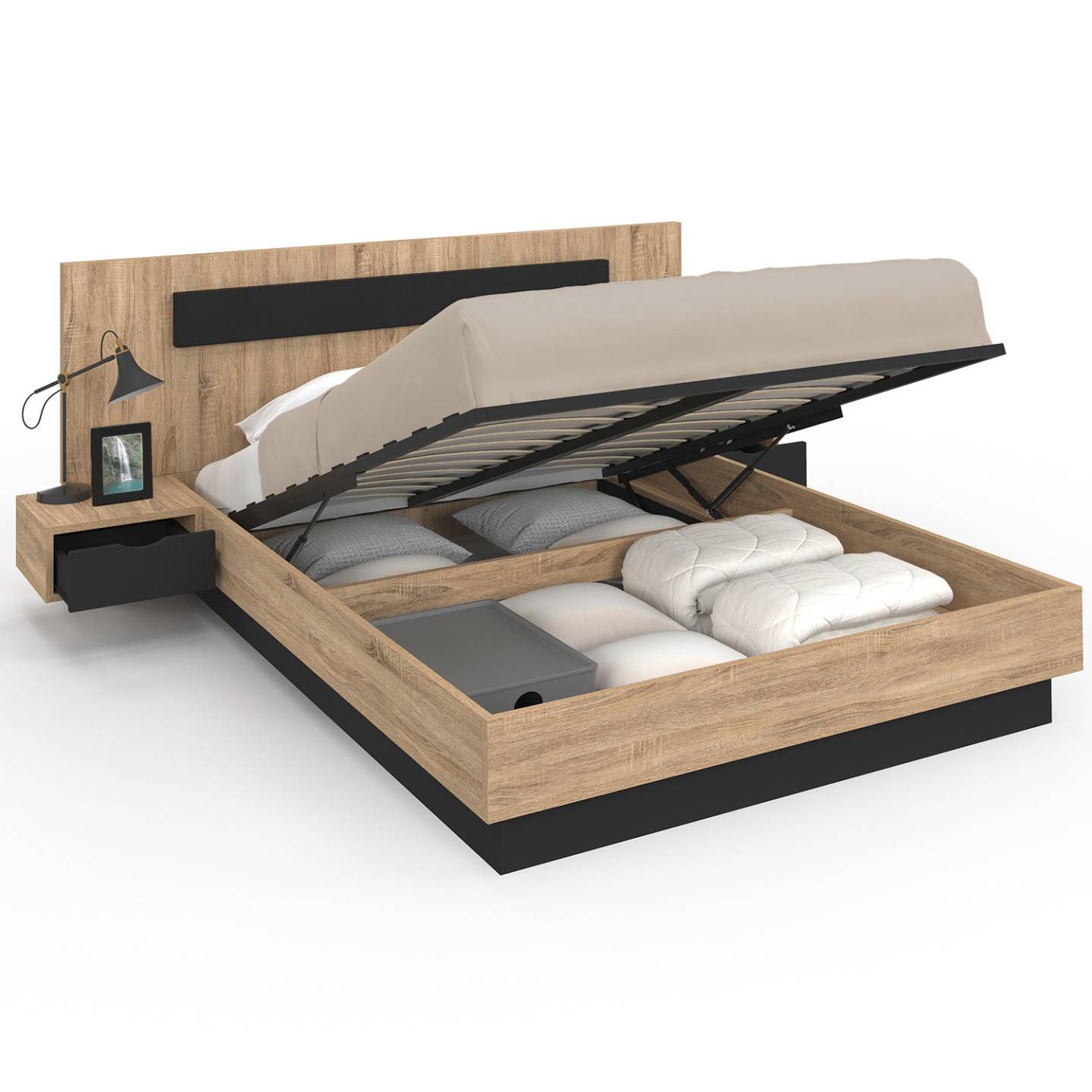 Lit coffre double SANTA avec tête de lit + tables de chevets intégrées et sommier 140 x 190 cm bois et noir - Image 2