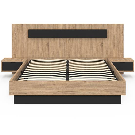 Lit coffre double SANTA avec tête de lit + tables de chevets intégrées et sommier 140 x 190 cm bois et noir - Image 3