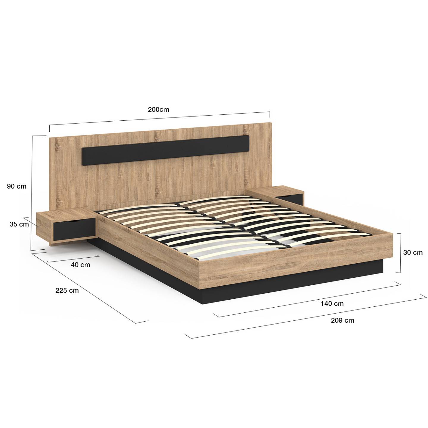 Lit coffre double SANTA avec tête de lit + tables de chevets intégrées et sommier 140 x 190 cm bois et noir - Image 5