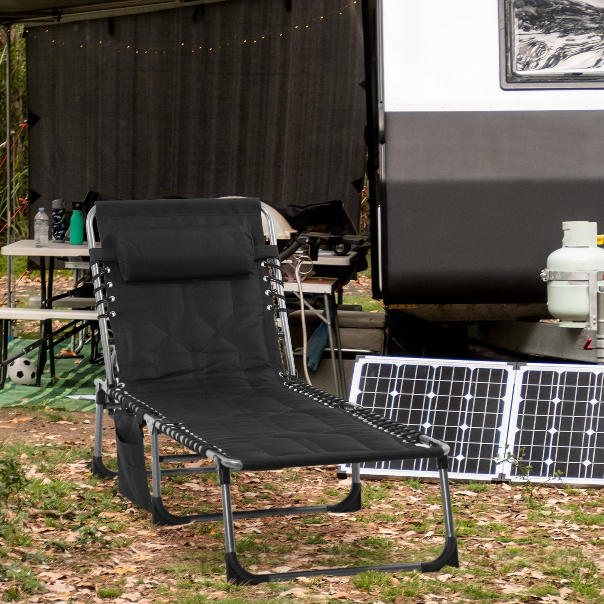 Sans Marque - Chaise longue jardin pliable avec appui-tête, poche latérale, dossier 5 positions, résistante, charge 130 kg, plage piscine, noir - Image 4