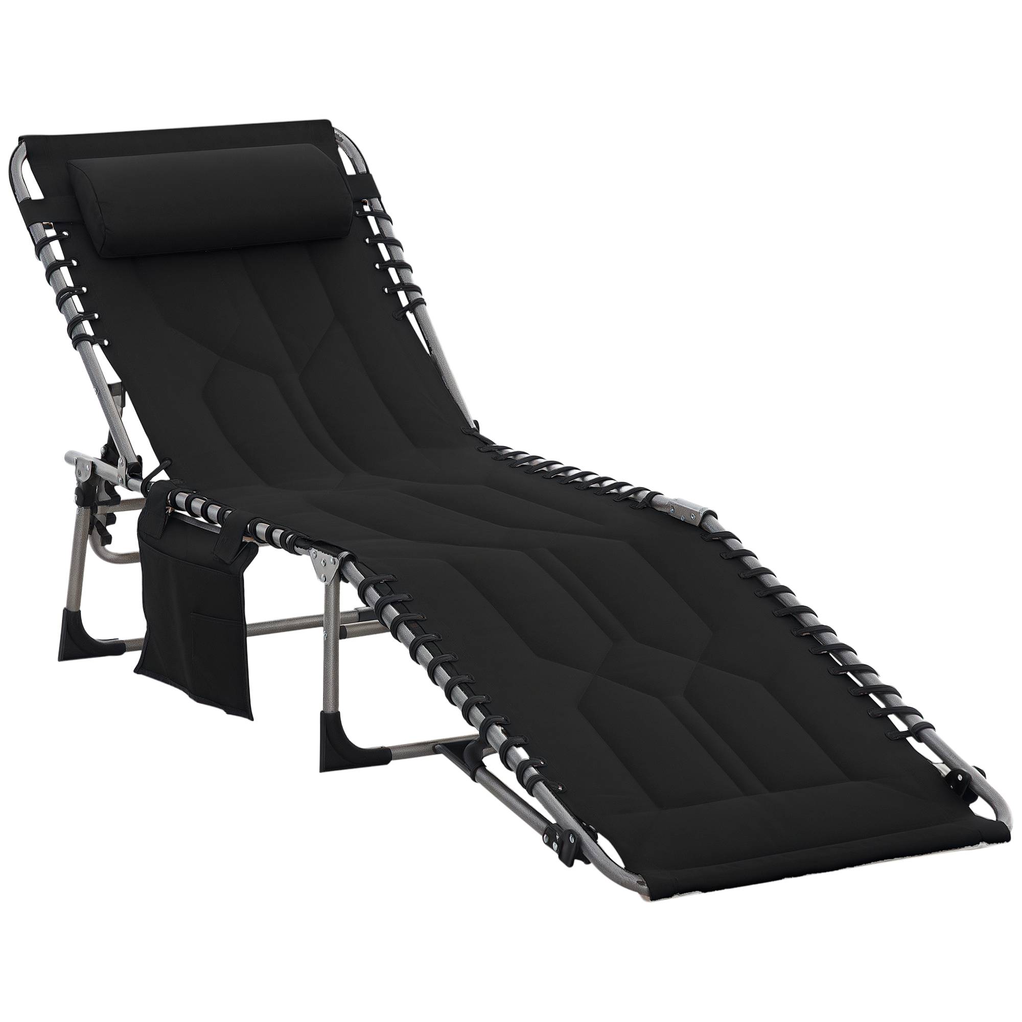 Sans Marque - Chaise longue jardin pliable avec appui-tête, poche latérale, dossier 5 positions, résistante, charge 130 kg, plage piscine, noir