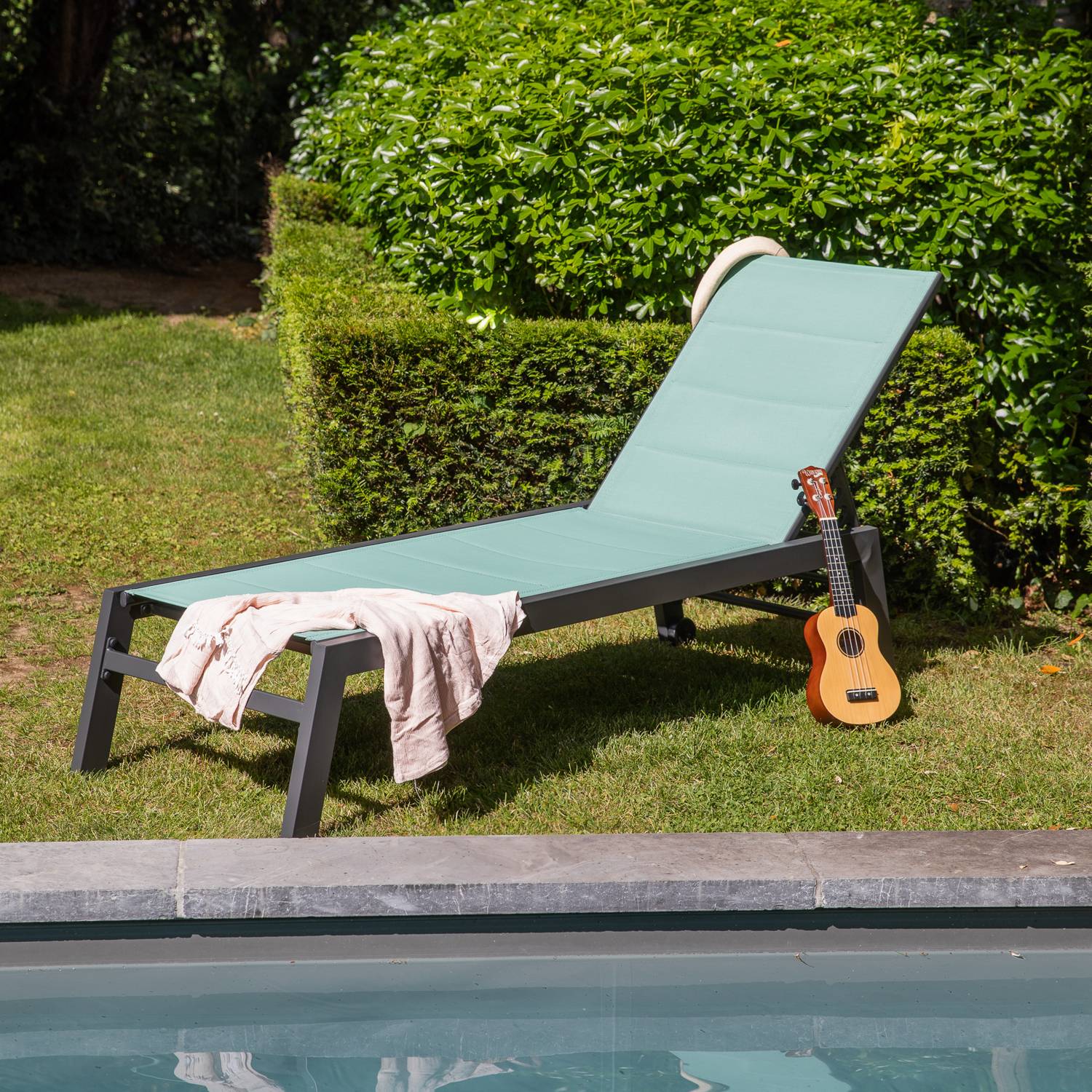 Bain de soleil BARBADOS en textilène vert d'eau - aluminium anthracite - HAPPY GARDEN - Image 2