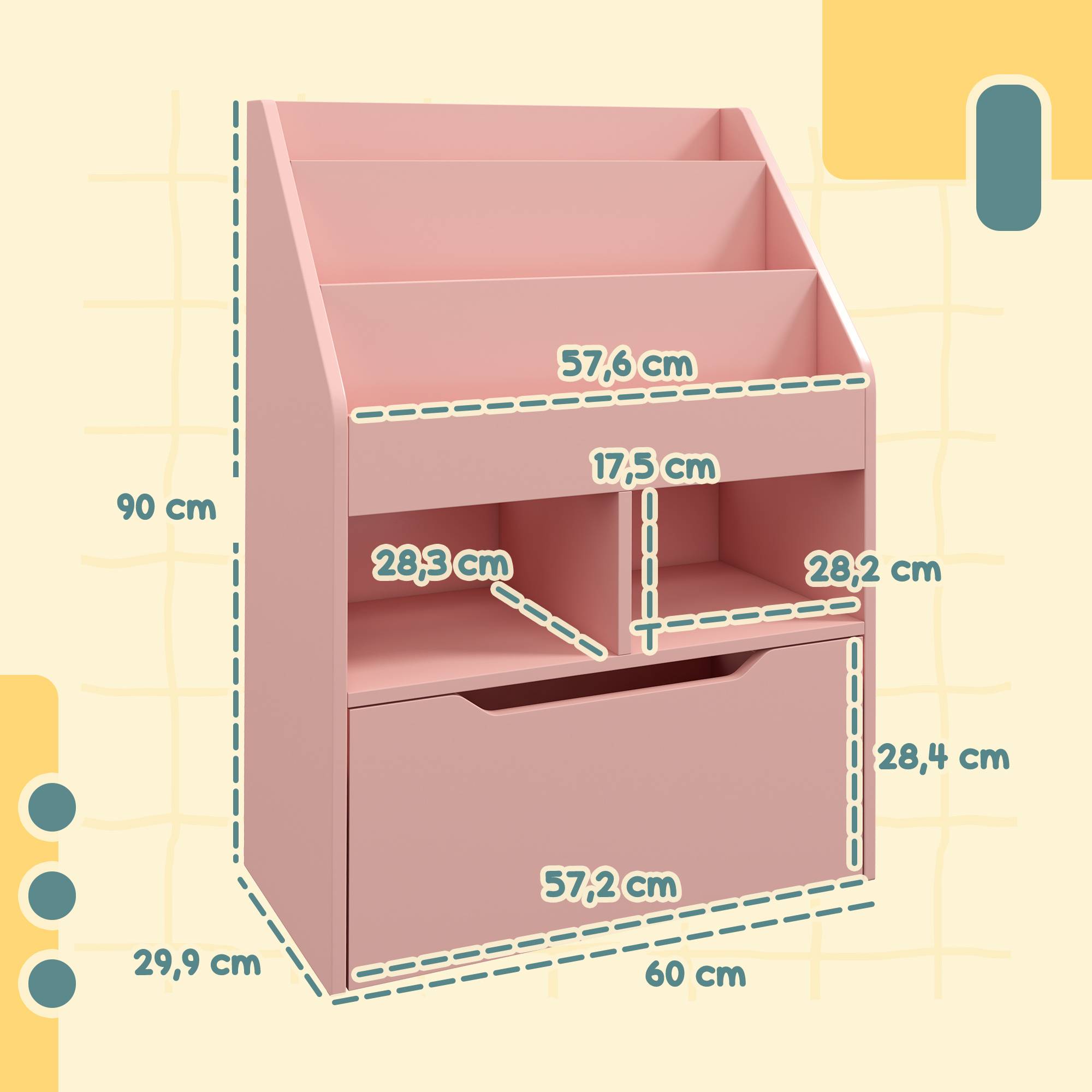 Bibliothèque en bois pour enfants avec 3 compartiments, 2 cubes et un tiroir mobile à 4 roulettes, 60 x 29,9 x 90 cm, rose - Image 5