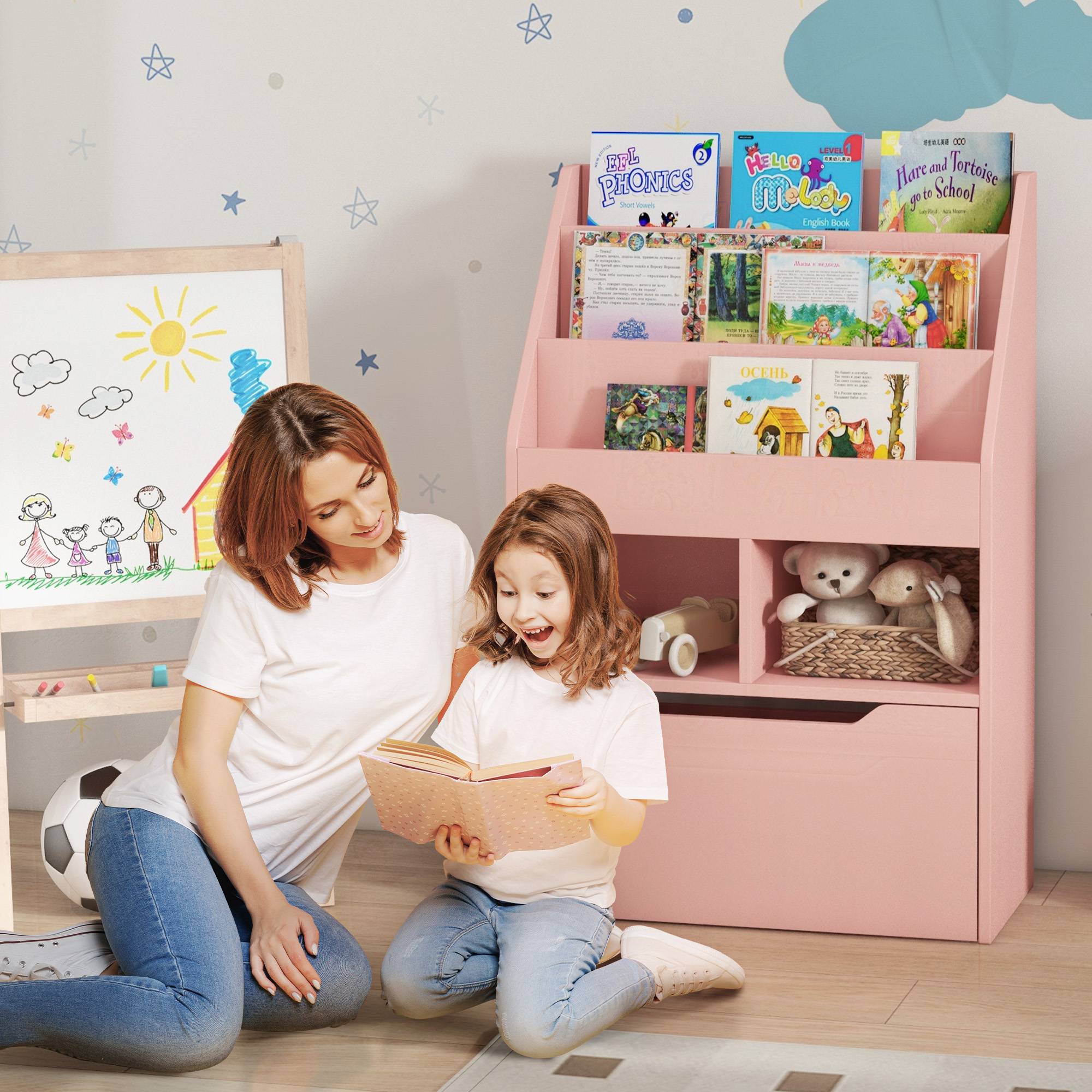 Bibliothèque en bois pour enfants avec 3 compartiments, 2 cubes et un tiroir mobile à 4 roulettes, 60 x 29,9 x 90 cm, rose - Image 3
