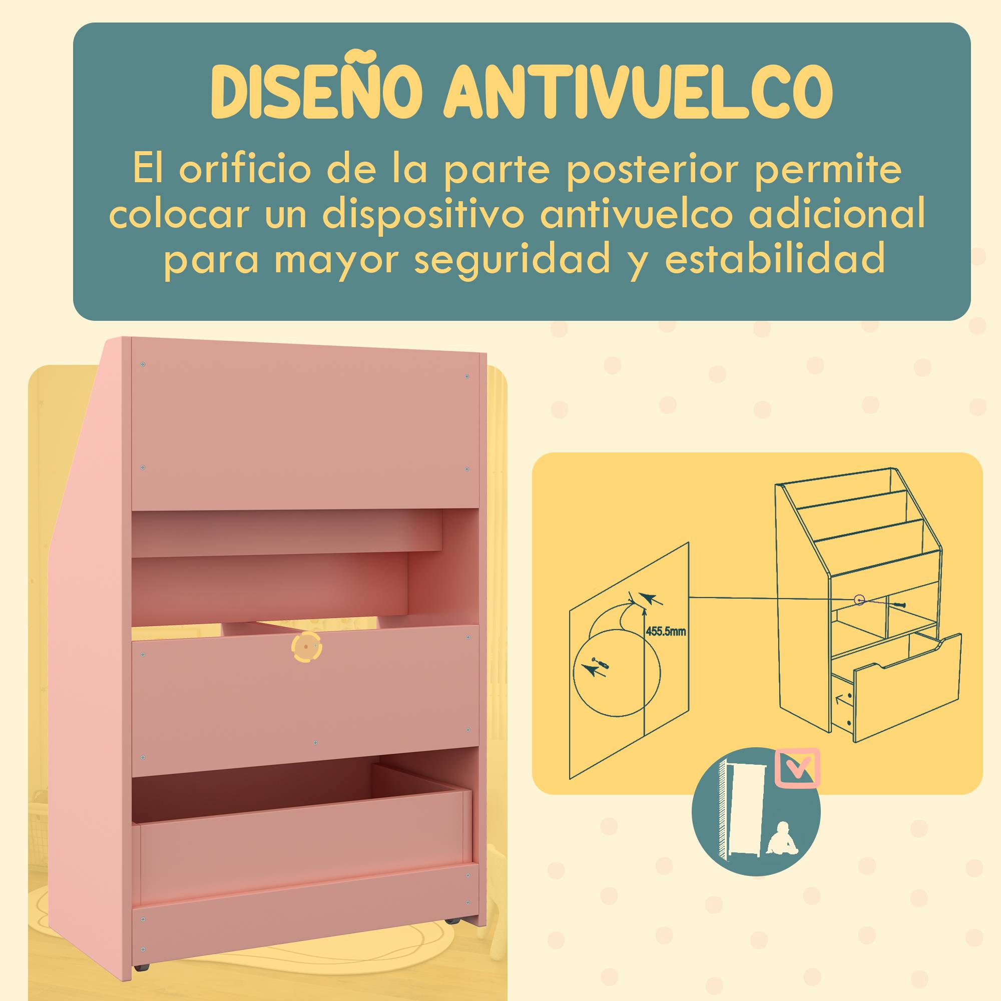 Bibliothèque en bois pour enfants avec 3 compartiments, 2 cubes et un tiroir mobile à 4 roulettes, 60 x 29,9 x 90 cm, rose - Image 7