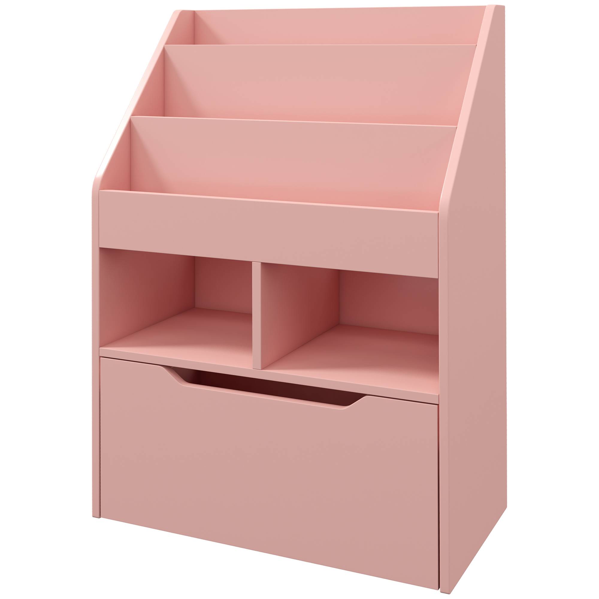 Bibliothèque en bois pour enfants avec 3 compartiments, 2 cubes et un tiroir mobile à 4 roulettes, 60 x 29,9 x 90 cm, rose - Image 2