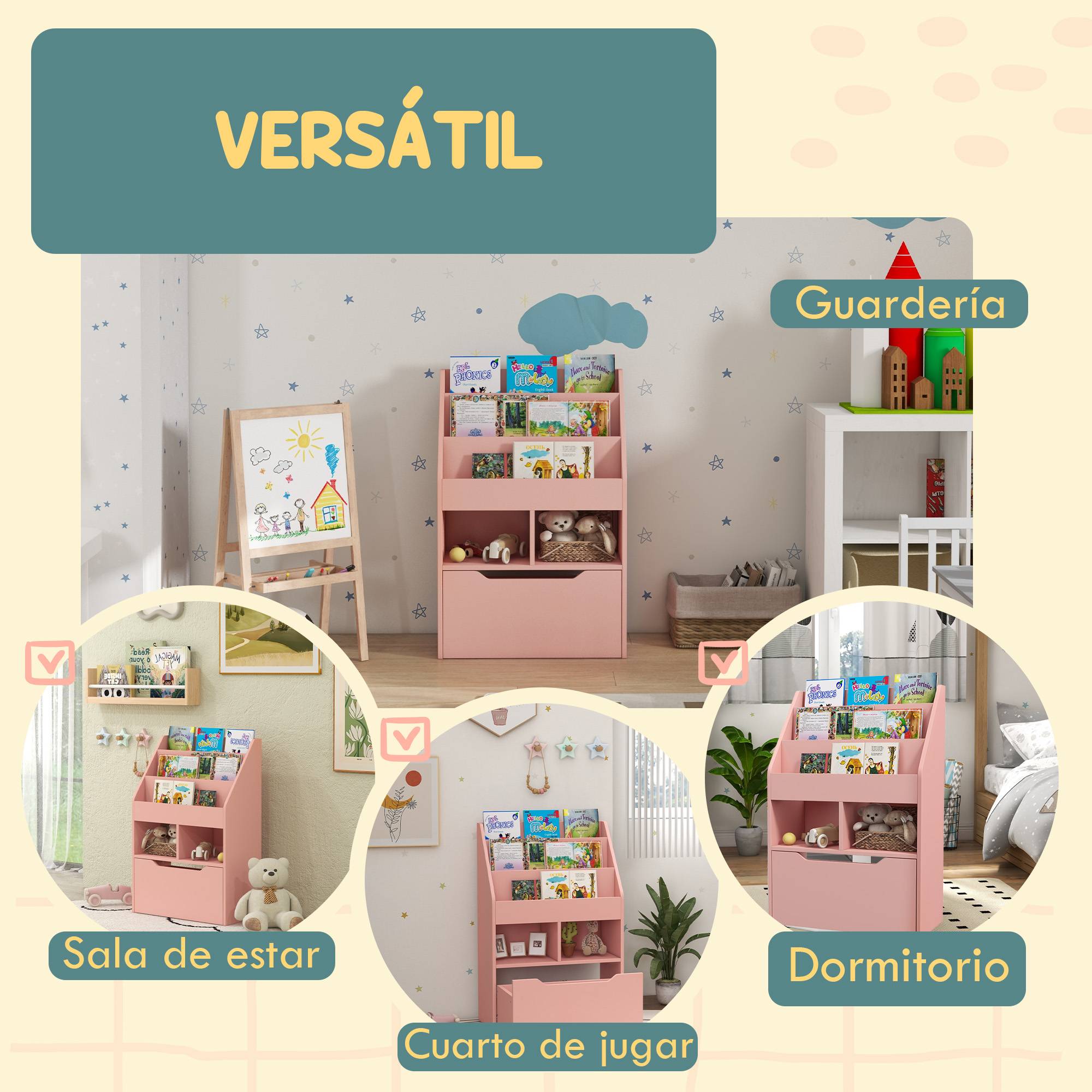 Bibliothèque en bois pour enfants avec 3 compartiments, 2 cubes et un tiroir mobile à 4 roulettes, 60 x 29,9 x 90 cm, rose - Image 9