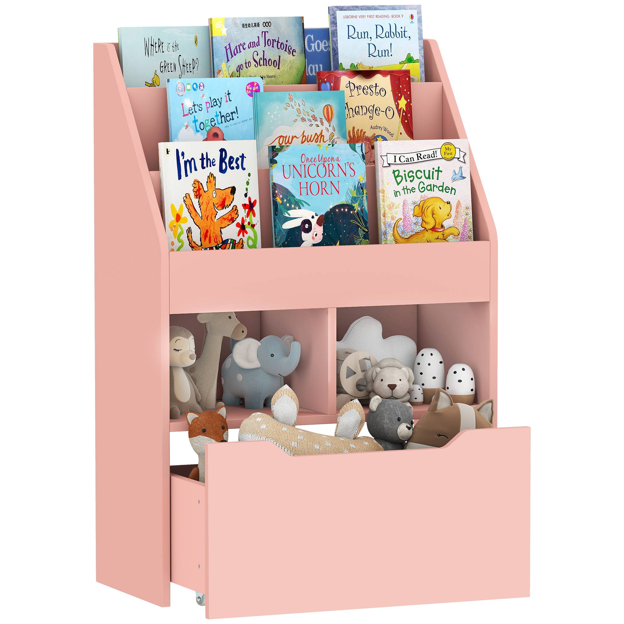 Bibliothèque en bois pour enfants avec 3 compartiments, 2 cubes et un tiroir mobile à 4 roulettes, 60 x 29,9 x 90 cm, rose - Image 1