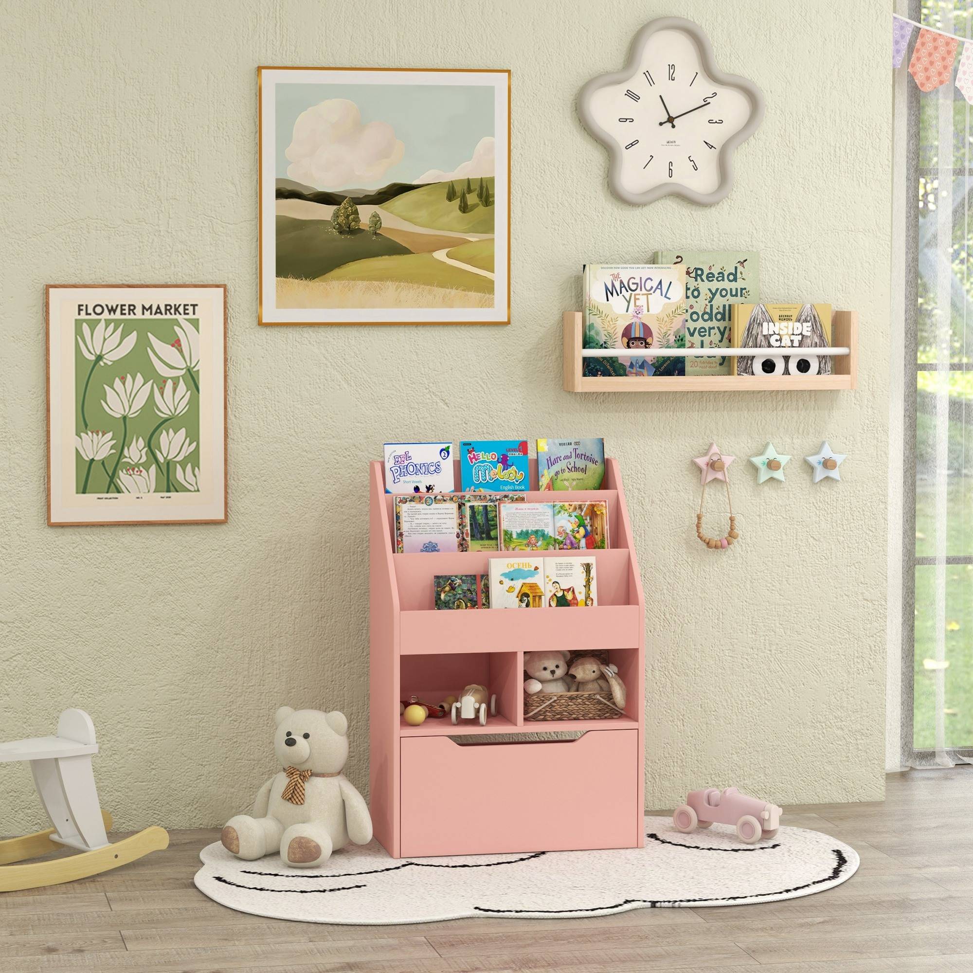 Bibliothèque en bois pour enfants avec 3 compartiments, 2 cubes et un tiroir mobile à 4 roulettes, 60 x 29,9 x 90 cm, rose - Image 4