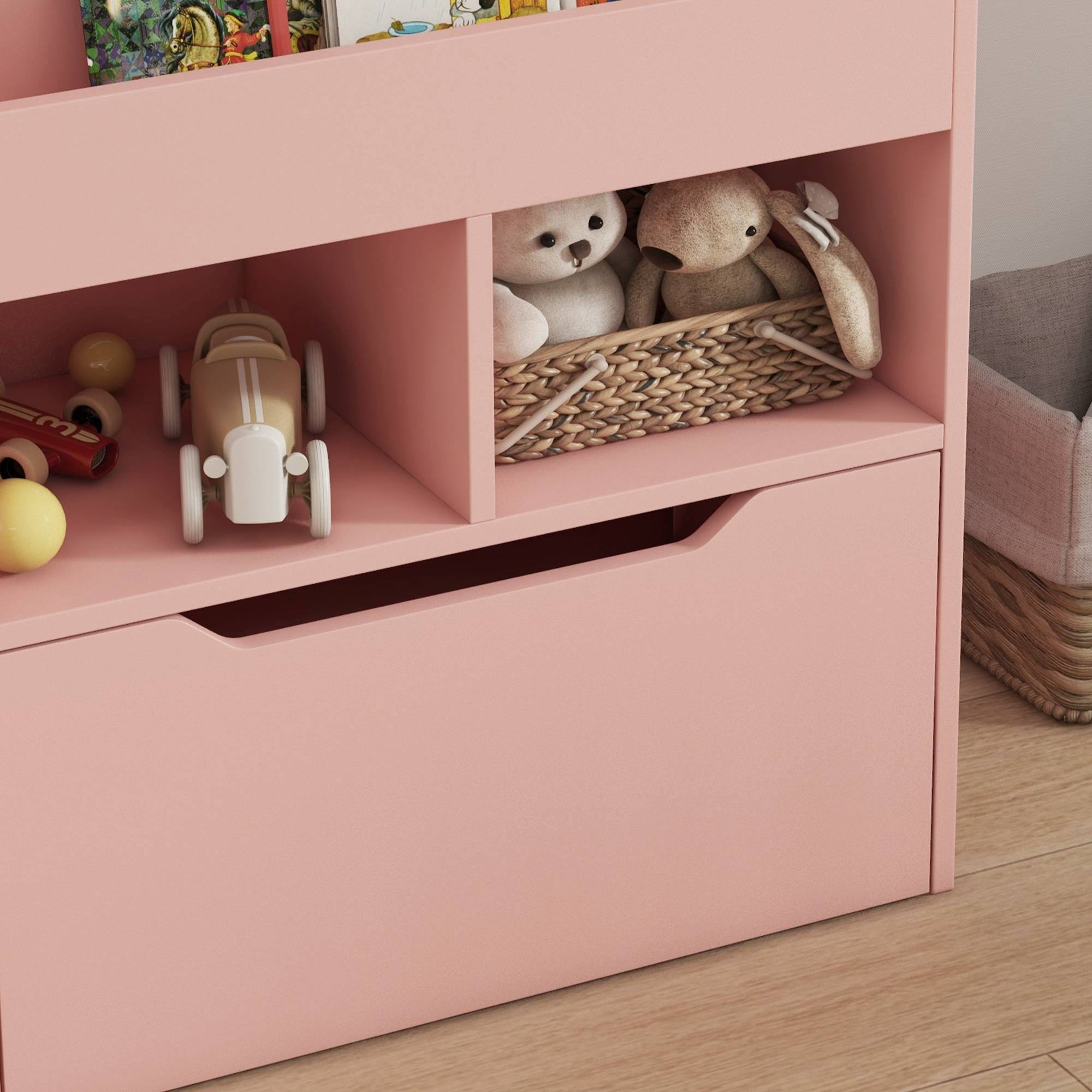 Bibliothèque en bois pour enfants avec 3 compartiments, 2 cubes et un tiroir mobile à 4 roulettes, 60 x 29,9 x 90 cm, rose - Image 10