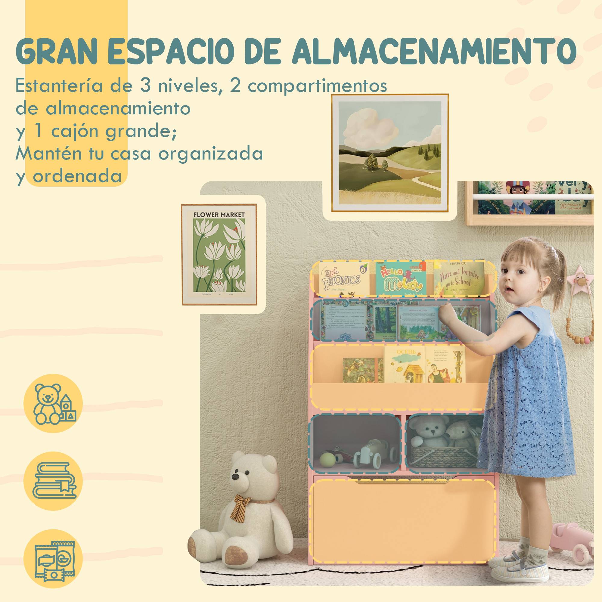 Bibliothèque en bois pour enfants avec 3 compartiments, 2 cubes et un tiroir mobile à 4 roulettes, 60 x 29,9 x 90 cm, rose - Image 6