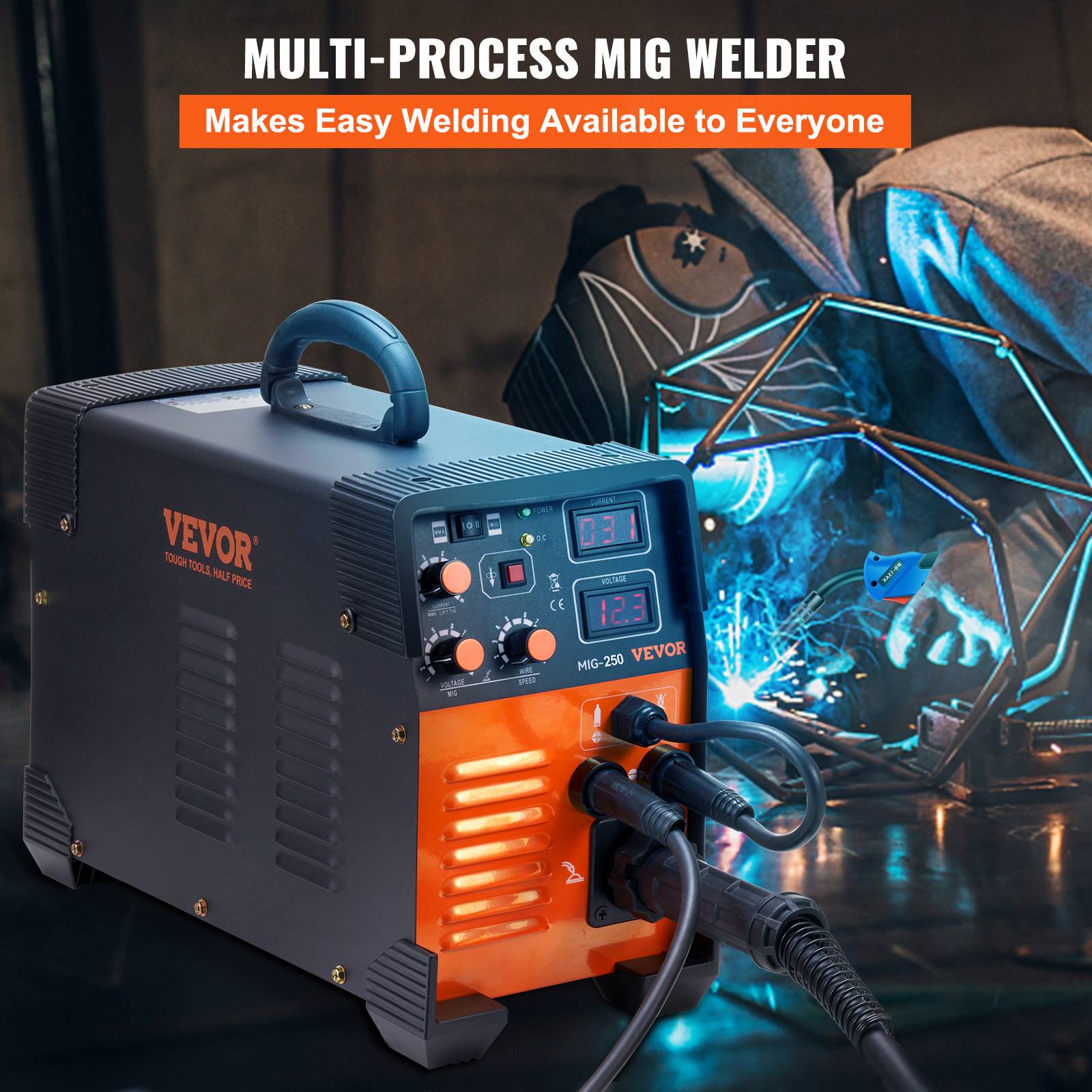 VEVOR Poste à souder MIG-250 250A, portable, inverseur 3 en 1 (MIG/MMA/TIG) pour aciers. - Image 2