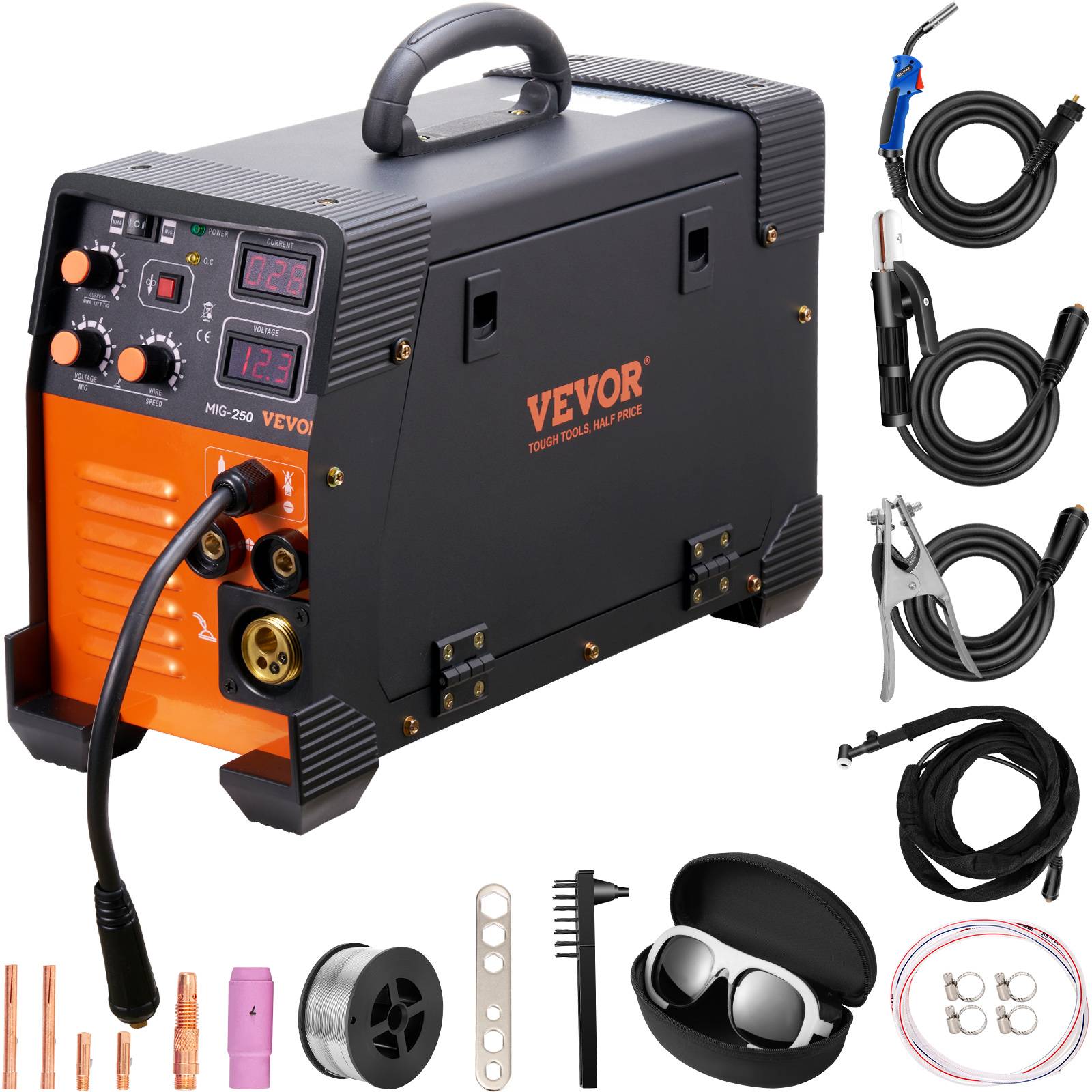VEVOR Poste à souder MIG-250 250A, portable, inverseur 3 en 1 (MIG/MMA/TIG) pour aciers. - Image 1