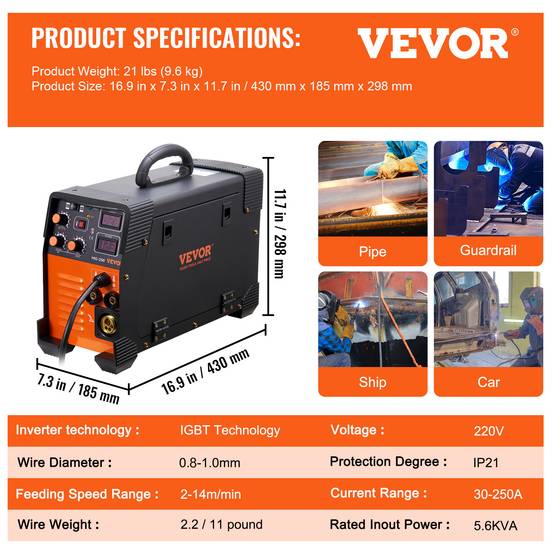 VEVOR Poste à souder MIG-250 250A, portable, inverseur 3 en 1 (MIG/MMA/TIG) pour aciers. - Image 7