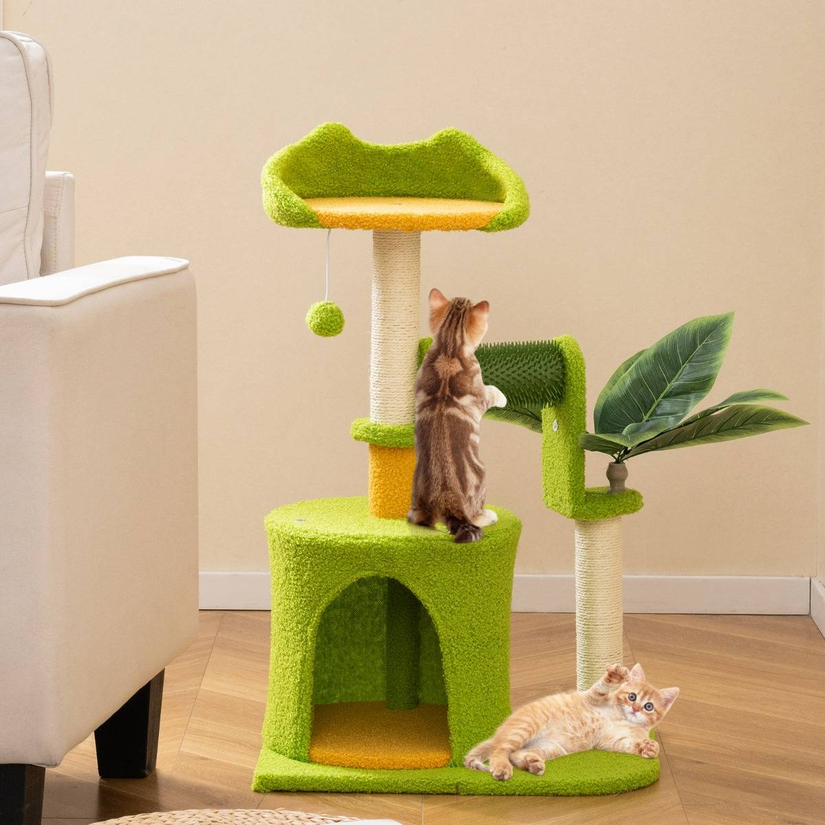 Arbre à Chat Mignon avec Feuilles Artificielles & Griffoirs en Sisal Perchoir - Image 3