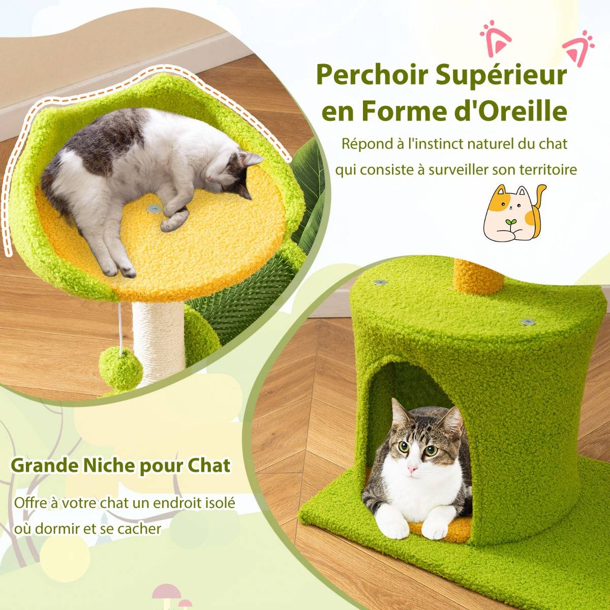 Arbre à Chat Mignon avec Feuilles Artificielles & Griffoirs en Sisal Perchoir - Image 7