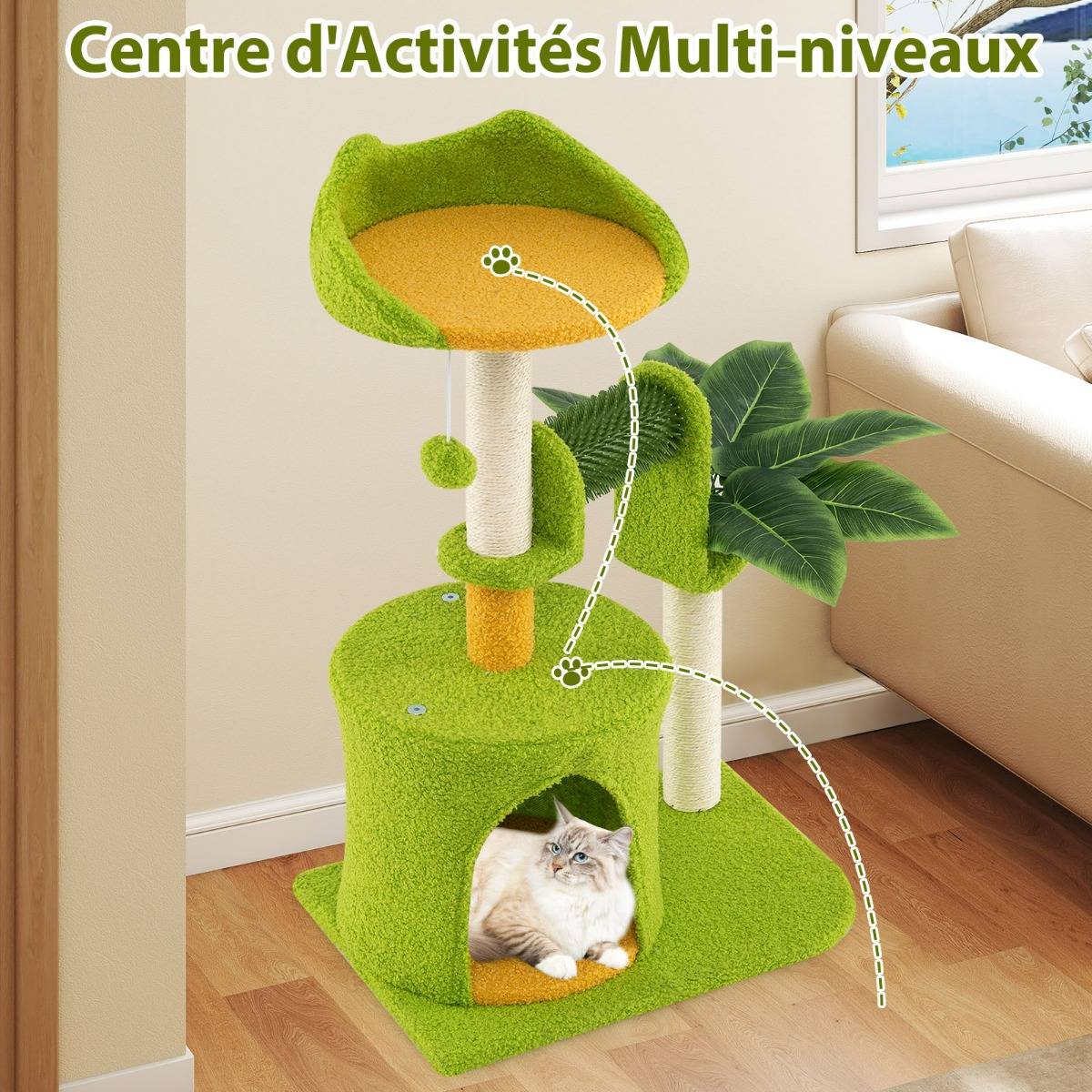 Arbre à Chat Mignon avec Feuilles Artificielles & Griffoirs en Sisal Perchoir - Image 2
