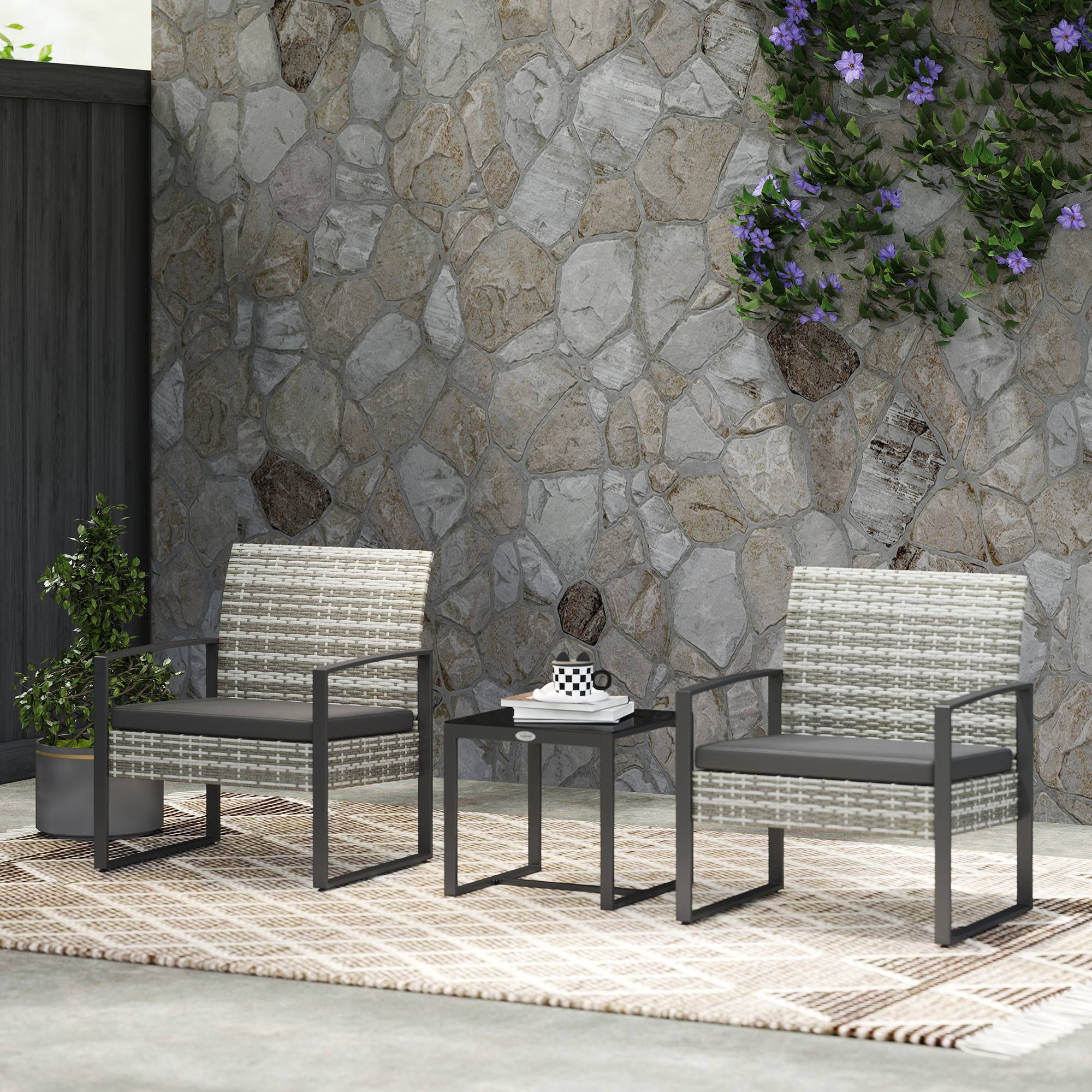 Outsunny - Salon de jardin 2 places 3 pièces 2 chaises avec coussins + table basse verre trempé résine tressée imitation rotin gris clair - Outsunny - Image 2