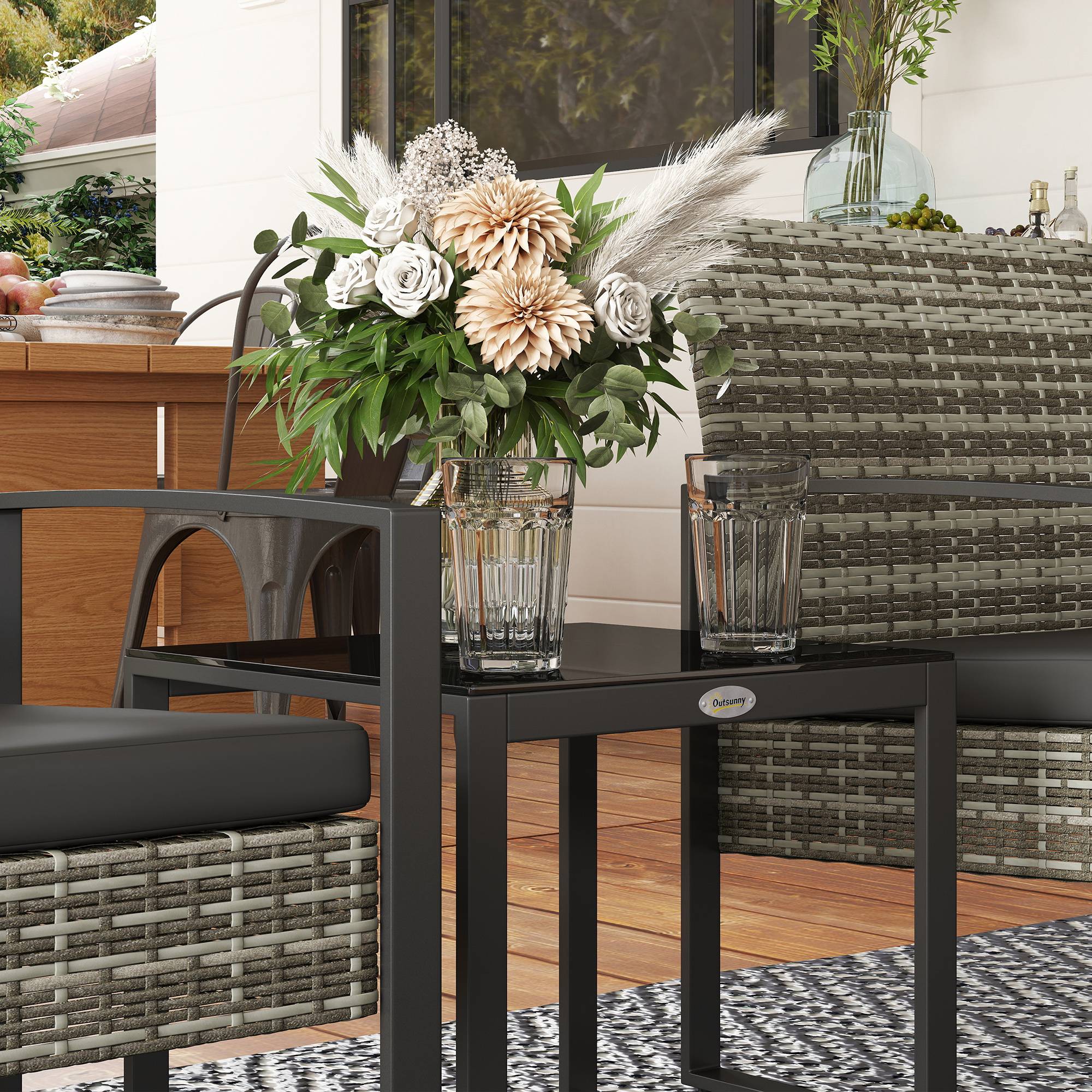 Outsunny - Salon de jardin 2 places 3 pièces 2 chaises avec coussins + table basse verre trempé résine tressée imitation rotin gris clair - Outsunny - Image 7