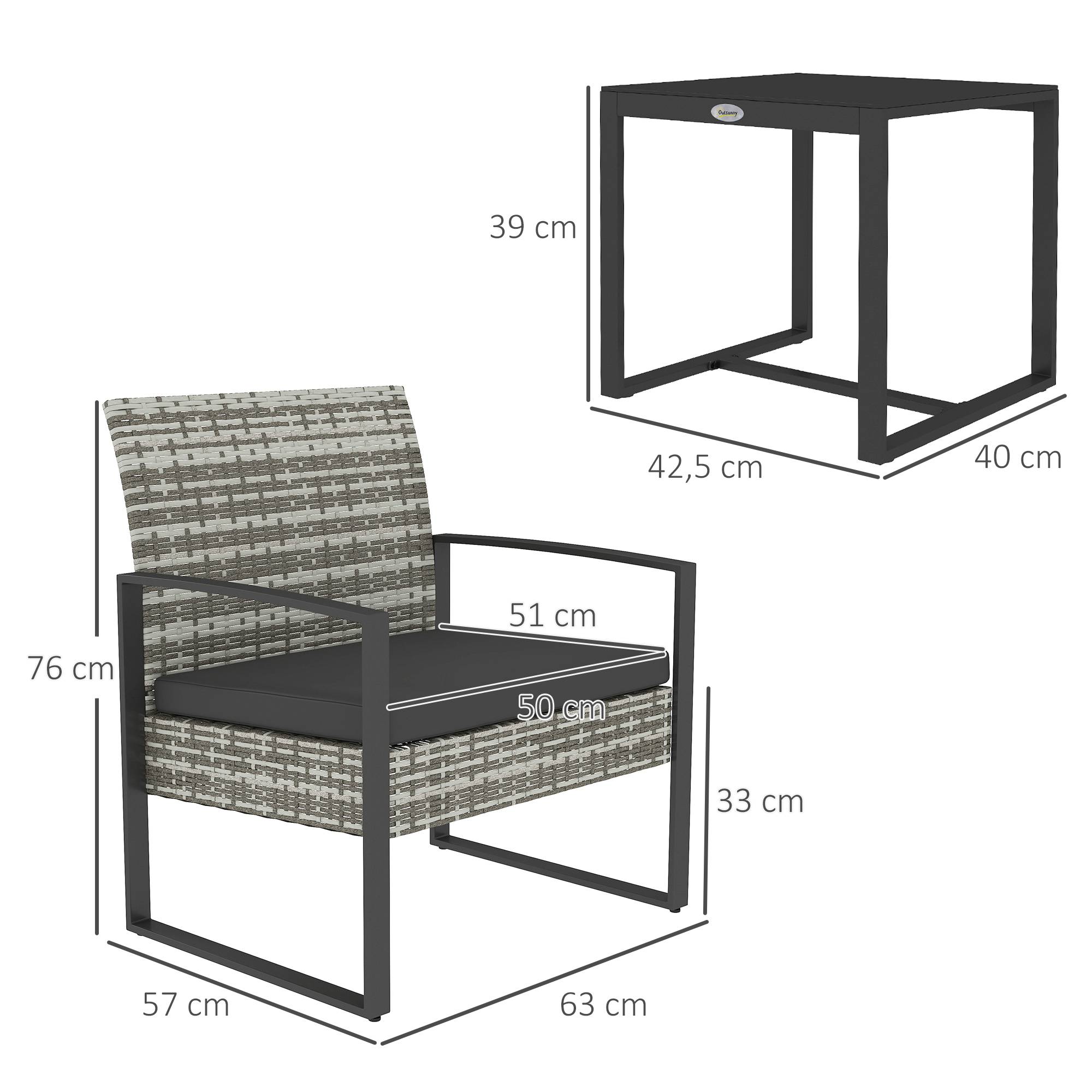 Outsunny - Salon de jardin 2 places 3 pièces 2 chaises avec coussins + table basse verre trempé résine tressée imitation rotin gris clair - Outsunny - Image 3