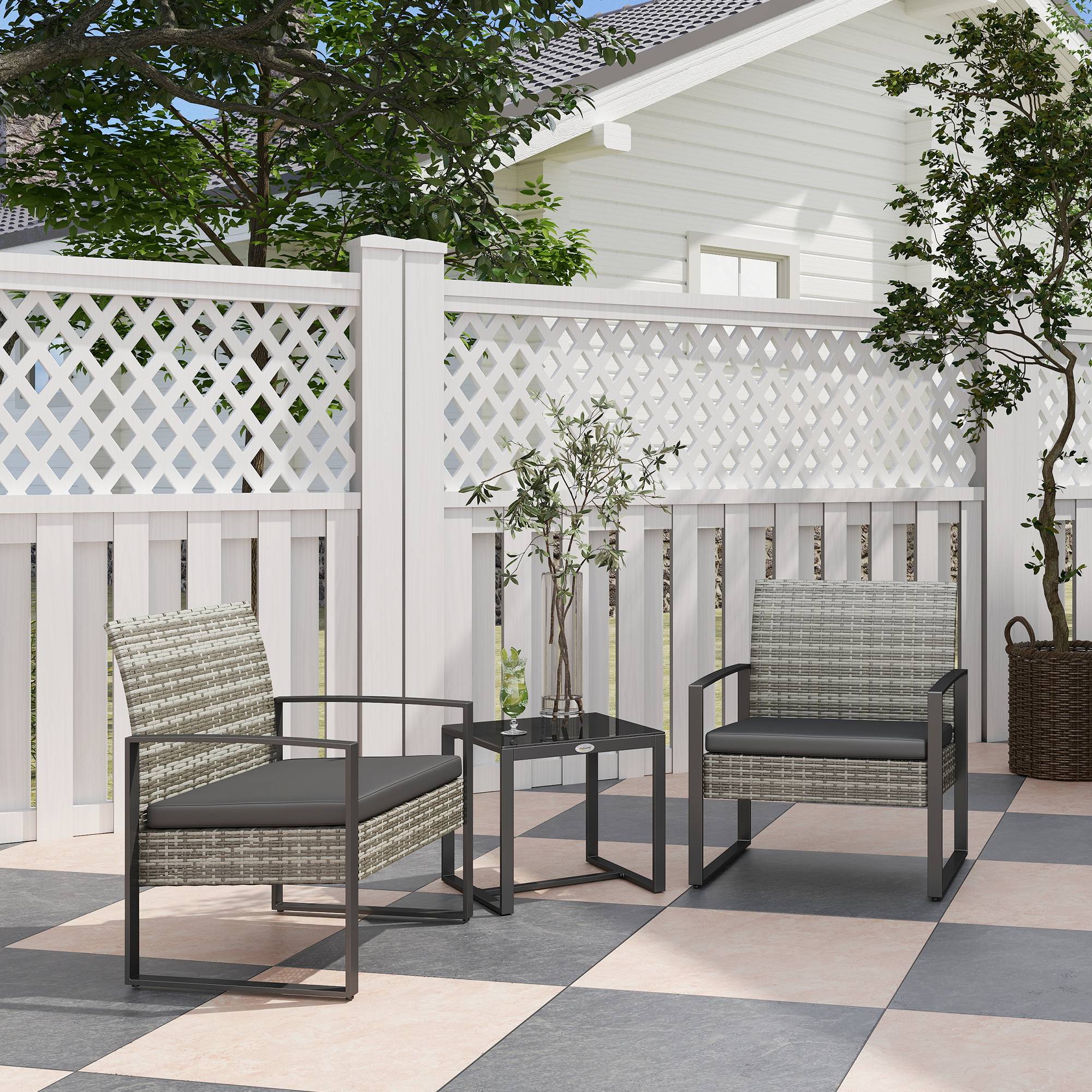 Outsunny - Salon de jardin 2 places 3 pièces 2 chaises avec coussins + table basse verre trempé résine tressée imitation rotin gris clair - Outsunny - Image 4