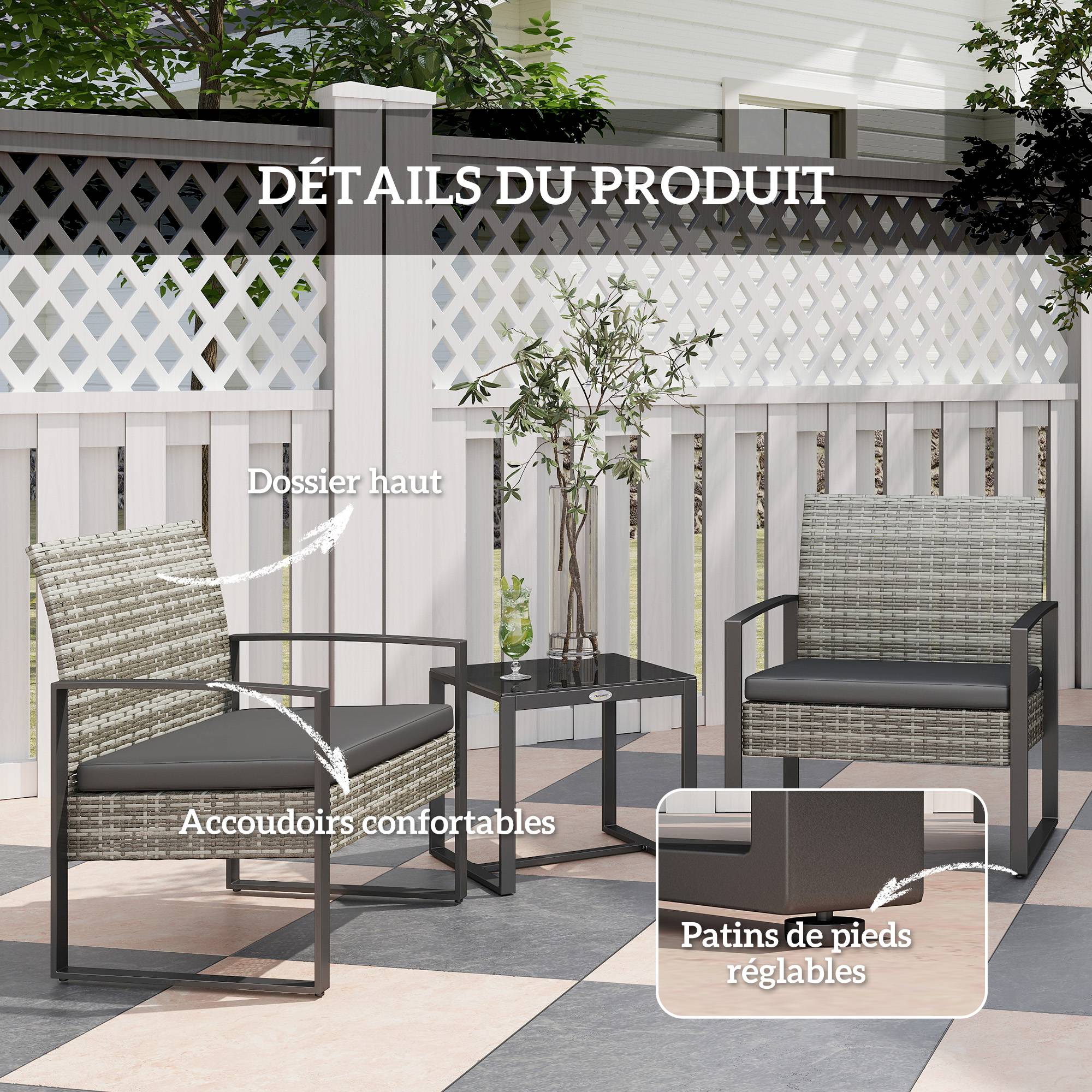 Outsunny Salon De Jardin 2 Personnes 3 Pièces 2 Fauteuils Avec Coussins Table Basse Plateau Verre Trempe Cadre En~1lclrsmfo0g01