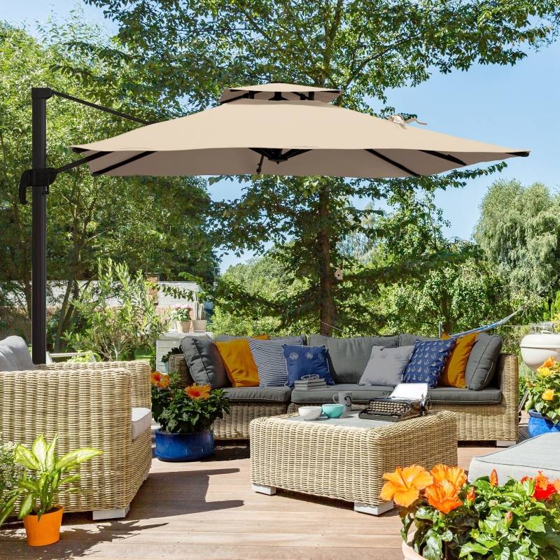 Parasol déporté polyester jardin terrasse rotatif inclinable 294x294cm kaki - ComfortXL Outdoor Living - Image 1