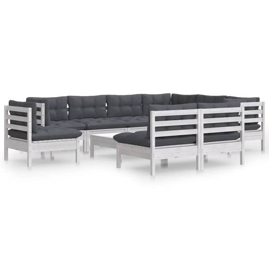 Ensemble Salon de Jardin en Bois Blanc 10 Places, 10 Éléments Modulables avec Coussins Gris Foncé – ComfortXL Outdoor Living - Image 2