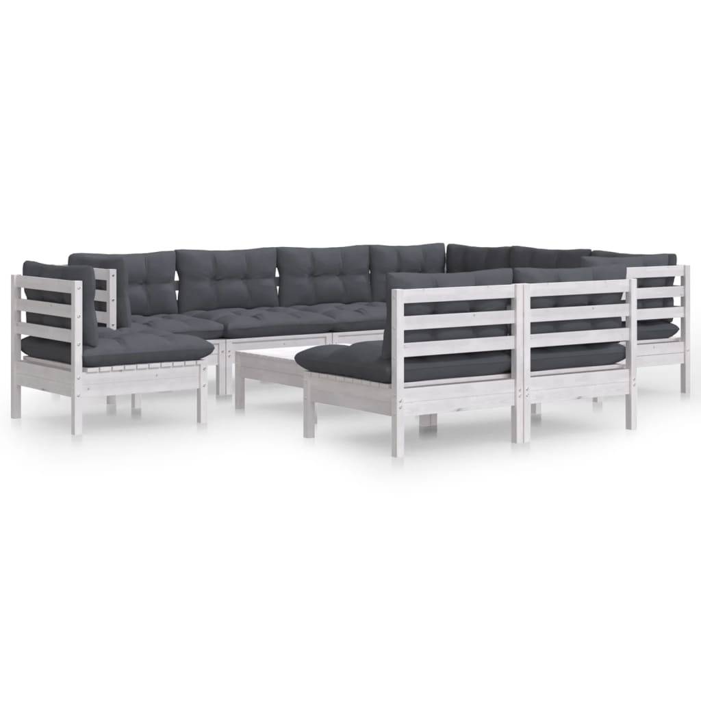 Ensemble Salon de Jardin en Bois Blanc 10 Places, 10 Éléments Modulables avec Coussins Gris Foncé – ComfortXL Outdoor Living - Image 2