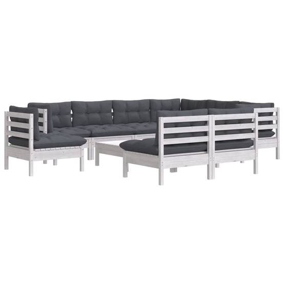 Ensemble Salon de Jardin en Bois Blanc 10 Places, 10 Éléments Modulables avec Coussins Gris Foncé – ComfortXL Outdoor Living - Image 3