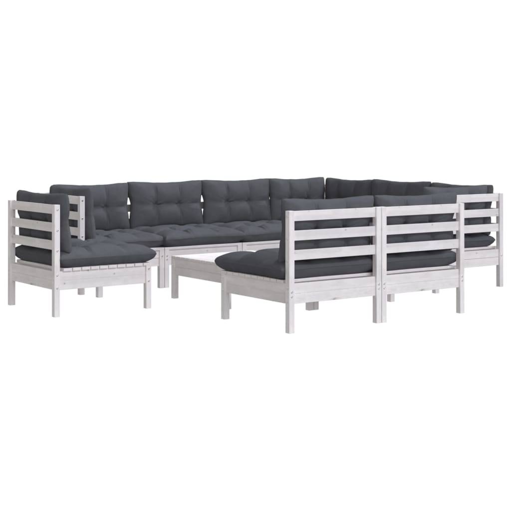Ensemble Salon de Jardin en Bois Blanc 10 Places, 10 Éléments Modulables avec Coussins Gris Foncé – ComfortXL Outdoor Living - Image 3