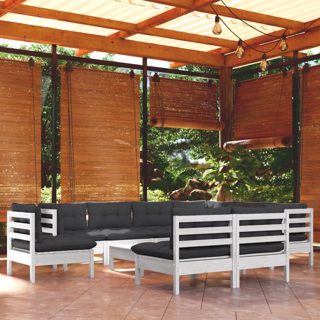 Ensemble Salon de Jardin en Bois Blanc 10 Places, 10 Éléments Modulables avec Coussins Gris Foncé – ComfortXL Outdoor Living - Image 1